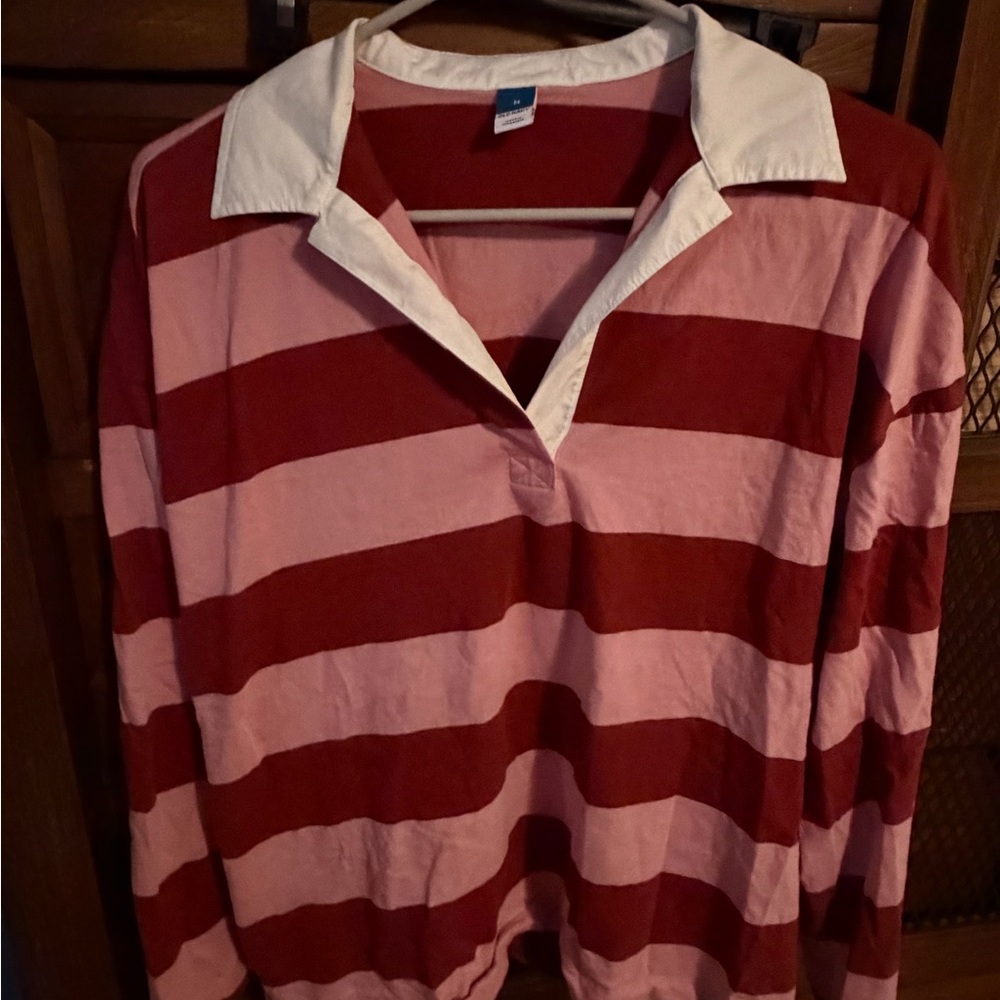 Old Navy Pink & Burgundy Striped Rugby Pullover